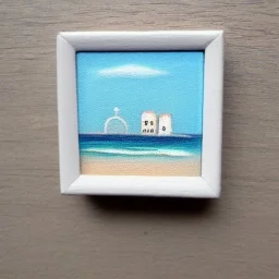 tiny oil painting of tiny seaside village, plain white background, solid white background, tiny white canvas, tiny white frame, plain white wall, melancholy, tender, moody, vintage, delicate arrangement, beautiful composition, etsy, aesthetic layout, plain solid white background