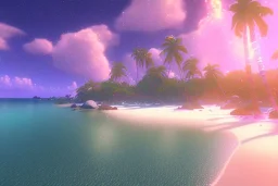 tropical beach, shore ,shoreline, beautiful, path, stars, night time ,trail, lights glowing ,colorful ,nightsky, water, peace, magical,glowing pink gold sand, beautiful crystal shiny, irridescent, , ocean, hyperrealistic, cinematic lighting, particles, unreal engine, full of details, bright sunshine, light effect, photos realistique, vaporwave colorful, extremely sharp detail, finely,