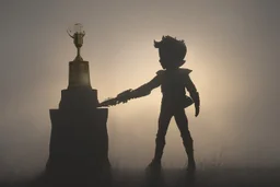 Boy character silhouette with creative trophy with his hand like winner stand on stage