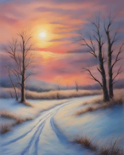 Painting of a snowy winter sunset on the plain, oil pastel painting, oil pastel style, fabriano cardboard, beautiful painting, winter, snow, sunset, vibrant colors, painted by Thomas Kinkade, masterpiece, detailed oil pastel details, high quality, 4k