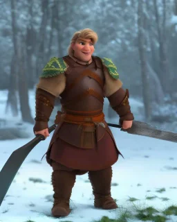 strong medieval warrior with short blond hair, blue eyes and wide warm smile with an axe with green and brown clothes