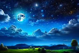 landscape of night sky, stars, shinning moon, over to many clouds.