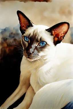 Steve Hanks watercolor,Siamese cat, blue eyes,chocolate point color, Syphnx cat