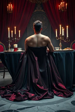 "prompt": "A dark, moody, surreal scene of a rugged auto mechanic at a decadent high tea. Instead of workwear, he now wears a flowing, high-fashion silk gown — glossy black with crimson undertones, draped dramatically yet smeared with streaks of oil and dust. BALL gown clings to his BUFF muscular frame while long folds cascade onto the cracked marble floor. He sits at a grand, candlelit tea table covered in black velvet, where tarnished silver trays hold eerie pastries, shattered porcelain cups