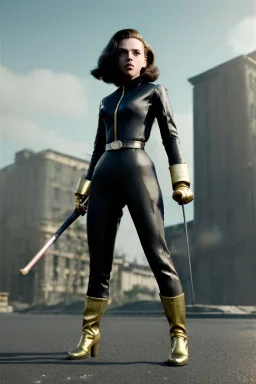 retro portrait image from 1960, city background, wind, long hair, fighting stance, young Scarlett Johansson, classic black tight lycra suit, metal stick weapon, gold bracelet and belt, high heel boots, soft color, highly detailed, unreal engine 5, ray tracing, RTX, lumen lighting, ultra detail, volumetric lighting, 3d, finely drawn, high definition, high resolution.