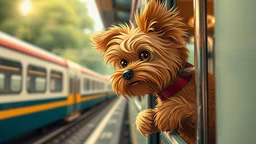 brown toy terrier as anime character(Hayao Miyazaki) traveling by train, leaned out the open door of the train, Holding the handle,The wind stirs the wool, Head on the left side,The train passes by the camera from left to the right