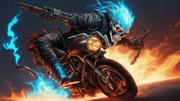 ghost rider in style cyberpunk with Robot Skull and blue fire come out from it