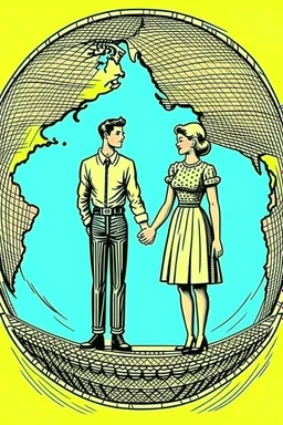 Vintage pop art style, men and women holding hands around a globe