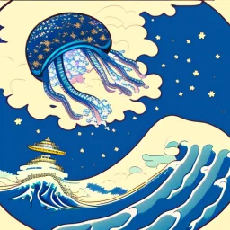 An astronaut floating in space surrounded by a halo of glowing jellyfish, done in the style of Hokusai's The Great Wave off Kanagawa