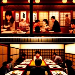 Escena de restaurante japonés lleno de personas comiendo, foto realismo, estilo blade runner.