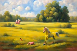 Big pink plastic toy horse.19th painting