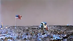 A Tesla's 'Model S Plaid' is racing at top speed on the Moon, by the landing site of the 'Apollo 11'. CINEMATIC. WIDE ANGLE LENS.