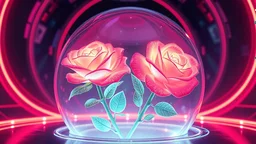 Futuristic hologram roses blooming inside neon glass dome