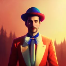 circus, ringleader, Arthur Kulkov, front, handsome, male, Russian, fantasy, anime, at dawn by atey ghailan, mystical colors, Golden hour, Lisa Frank fantasy