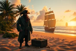 create a wide surreal scene of a pirate standing on a golden beach with a treasure chest full of coins in front of him, palms and tropical vegetation behind, pirate ship floating in the ocean. The pirate’s figure is semi-transparent, showing the chest, ship and coastline within his silhouette in a glowing double exposure. Ocean breeze in his coat, warm sunset tones, rich natural details, fantasy realism --v 7 --style raw --ar 16:9