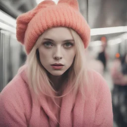 Billie eillish, sad,in the metro in the style of a polaroid,, pink,orange, with a knitted hat, singing