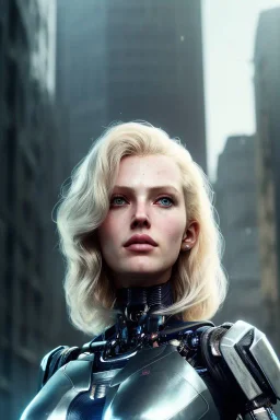 portrait of beautiful blonde amazing cybernetic robot, post-apocalyptic in a cyberpunk city, realistic, intriacte detail, sci-fi fantasy style, volumetric lighting, particales,highly detailed,cinamatic, deep