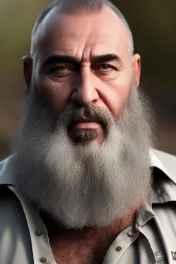 full figure shot photography of a turkish angry bearded ugly brawn 60-year-old rough big chubby burly scars bullneck turkish tourist guide wearing traditional pants, manly chest, with very bushy eyebrows , photorealistic, sunlight, ambient occlusion, strong side light , sitting in a camping tent in the desert