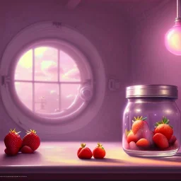 pixar style, realistic painting of a jar full with strawberry jam, beautiful woman and kitchen in the background volumetric pink sky environment and background, volumetric lighting, dramatic lighting, detailed digital painting, extreme dense and fine, anime, ornate, colour-washed colors, elegant, small minutiae, tiny features, particulars, centered, smooth, sharp focus, renderman gofur render, 8k, uhd, detailed eyes, realistic shaded volumetric lighting, caustics, backlight