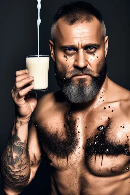 close up photography, dirty burly russian ugly strong 46 years old man, bullneck, milk falling from above, splashing and dripping milk in the face, milk dripping on the beard, with dirty tank top, tattoo, serious eyes, manly chest, 35mm lens, natural light