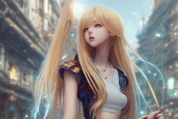 a very beautiful anime girl, full body, long golden hair, sky blue eyes, full round face, short smile, mini jeans skirt, cute top, urban setting, cinematic lighting, medium shot, mid-shot, highly detailed, trending on Artstation, Unreal Engine 4k, cinematic wallpaper by Stanley Artgerm Lau, WLOP, Rossdraws, James Jean, Andrei Riabovitchev, Marc Simonetti, and Sakimichan