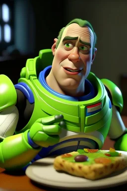 Buzz Lightyear eating broccoli
