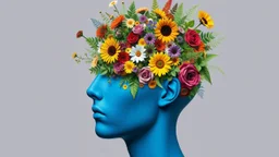 This is a digital collage artwork featuring a surreal and imaginative composition. The central figure is a human head, depicted in a striking blue hue, with a detailed, intricate arrangement of various flowers and plants growing out of its face. The flowers include a diverse range of species, such as sunflowers, daisies, roses, and ferns, all in vibrant colors like red, yellow, purple, and green. The arrangement is so dense that it almost obscures the facial features, creating a surreal and othe