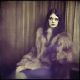 Theda bara, Hippie girl, jeans, purple fur, striped wallpaper, old autochrome