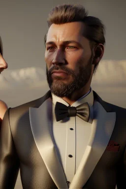 close-up portrait, 8K, a Highly detailed stunning image of Dom man with a submissive woman, woman sitting, a white suit, beard, and short hair,