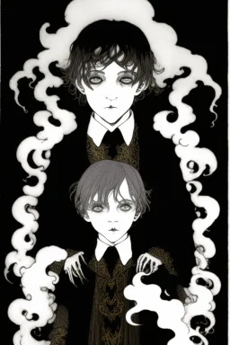 7 year old boy, necromancer, friendly, looks dead, surrounded by weird smoke with eyes, wearing black robes, in the style of Harry Clarke