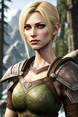 A female bosmer barbarian from Skyrim with brown eyes, blonde, short hair