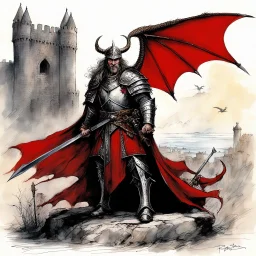[art by Ralph Steadman] In the twilight of Romano-Britain, Uther rose as a fierce warlord bearing the red dragon standard, ruling with iron will and ambition. Bargaining with Merlin and deceiving Igraine, he sired the secret son, Arthur, destined for greatness. Uther's pride and ambition fractured the realm, leaving behind a throne and a curse. The tale of Uther, the Dragon-Blooded king, stood as a grim reminder of the perils of unchecked ambition.