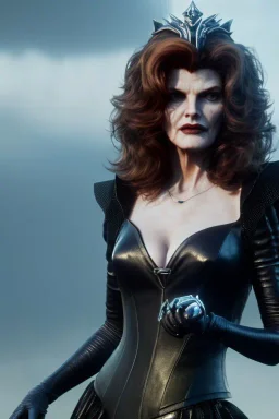 younger Rene Russo as evil queen in leather, cleavage, angry, stern look, unreal 5, octane render,cinema4d, dynamic lighting, dramatic lighting, 4k, redshift render, highly detailed, hyper realistic