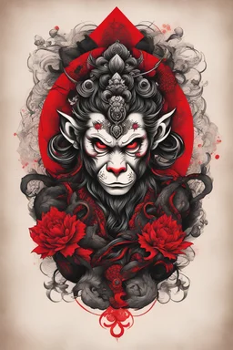 Create a captivating modern 2d black and Red ink tattoo design for print , prestigious Crazy Monkey King using the elegant influences of japan art style, for print, dynamic elements from fashion and design, and bold Japanese contemporary art aesthetics, framing centered in the center, distanced from the edges of the paper perimeter, perfect anatomy, bauhaus