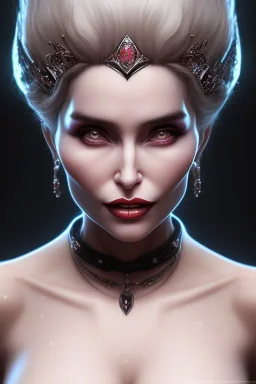 Constance Langdon as evil queen in black leather, busty, cleavage, angry, stern look. character design by fenghua zhong. unreal engine 5, artistic lighting, highly detailed, photorealistic, fantasy