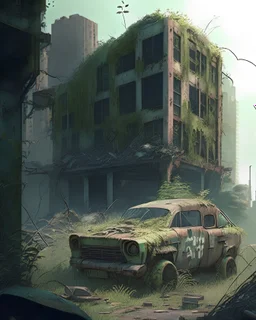 A post-apocalyptic cityscape with overgrown buildings and abandoned vehicles