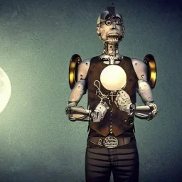 cyborg one man band, full moon background center large, steampunk style, horizontal image, 3d, hd