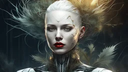 old worn paper, Ethereal bald white woman with thorns, thistles and plant roots on her head, cyberpunk biomechanics digital painting depicting a glowing woman with robotic features, combining human and artificial elements in a gripping sci-fi scene with intricate details and a cinematic atmosphere. Red lips, gold fragments, silver particles, wind, swirls, glare, glow from within, 8K, fine rendering, high detail, hyperrealism, high resolution, multi-layered, hyperdetail, hyperfocus,