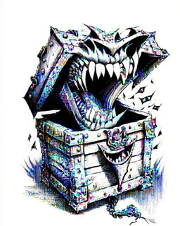 mimic treasure chest with teeth rpg art black and white sketch