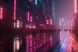 3D, beautiful, light reflecting, empty future city at night, rainy night, neon, cyberpunk, tron, one cyborg walking, 8k, finely detailed, photo realistic