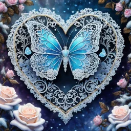 Beautiful filigree lacey butterfly, winter wonderland background, triple frosted heart with bi colored roses, glitter, glowing, transparent, sparklecore, Thomas Kinkade, realistic painting, 8K