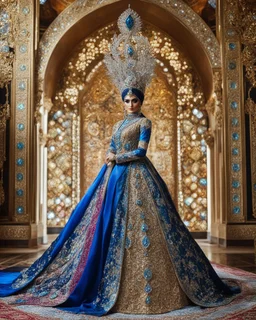 Gorgeous photography stand pose Beautiful super model Iranian islamic dressing Luxury Queen colorful art conceptual, amazing artwork,close-up portrait,crystal diamonds shappire ornaments background