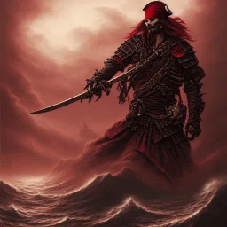 a pirate warrior in dark red and black full battle armor, a highly detailed illustration, background of giant crashing ocean waves, realistic render, 8 k, micro detail, intricate, elegant, centered, digital painting, Artstation, smooth, sharp focus, illustration, artgerm, tomasz alen kopera, peter mohrbacher, donato giancola, joseph christian leyendecker, wlop, boris vallejo