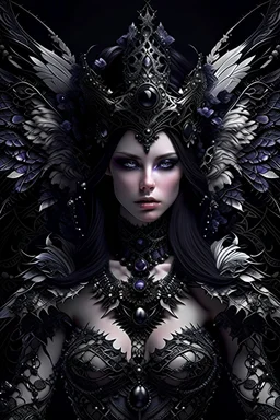 Beautiful young faced voidcore metallic filigree steampunk ba woman qth textured bat like wings portrait textured feathers ribbed with voidcore style mineral stone ribbed headdress, black pearls i, white crystals n the long black hair, textured butterfly pattern embossed art nouveau black and violet costume extremelmly detailed intricate 8 k organic bio spinal ribbed detail of floral embossed voidcore decadent angelic background resolution epic cinematic maximálist concept art
