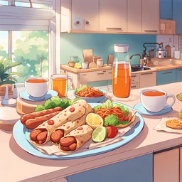 anime artwork {Chicken wraps and sausages with tea. The food is served on the kitchen counter in a cozy appartment} . anime style, key visual, vibrant, studio anime, highly detailed