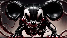 a spider mickey mouse hybrid, photorealism, movie screen capture, horror, sci-fi, retrofuturism, evil, demon-like