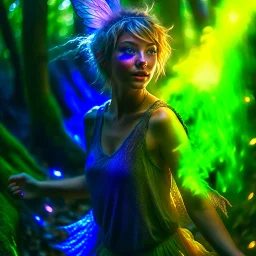 paint splatter, photorealism, a sweedish hippie pixie hovering in the underground grove glowing light, in the style of bach, 8k, down-light, soft light, depth of field, photo realism, trending on art station, high detail, smoke and fog