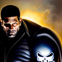 Ultra detailed fullbody Portrait in oil on canvas of The Punisher, extremely detailed digital painting, extremely detailed face,crystal clear Big Glowing eyes, mystical colors ,perfectly centered image, perfect composition, rim light, beautiful lighting, 8k, stunning scene, raytracing, anatomically correct, in the style of robert e howard and Ken Kelley and Ohrai Noriyoshi and Simon Bisley and tomzj1