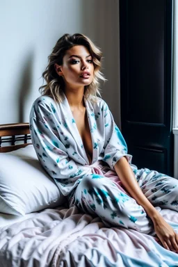 a supermodel in designer sleepwear sitting on bed for magazine cover photoshoot