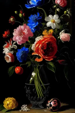 classic oil painting of a still life, with a china vase full of flowers